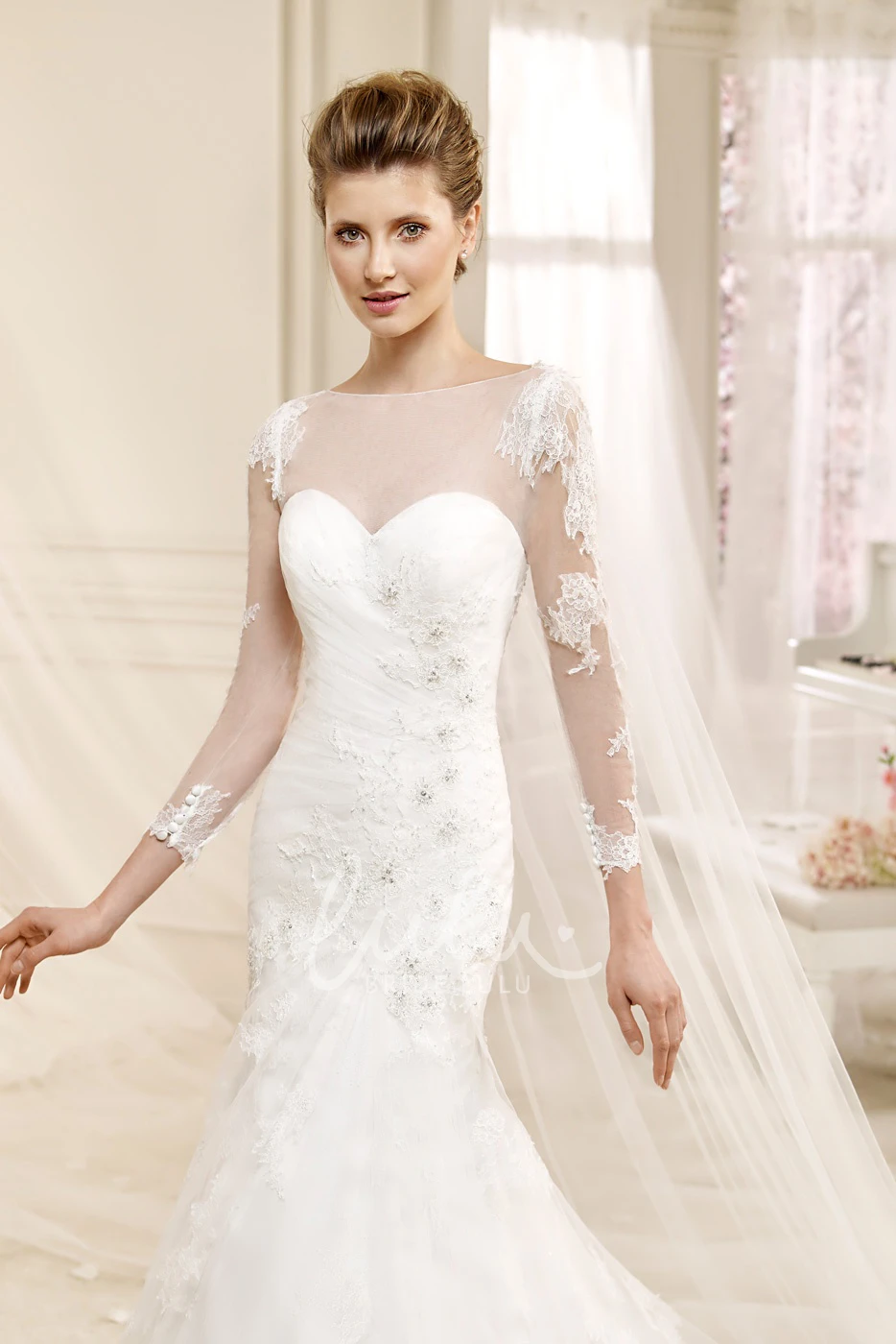 Long-sleeve Illusive Sheath Wedding Dress with Mermaid Style and Appliques Mermaid Illusive Sheath Wedding Dress with Long Sleeves
