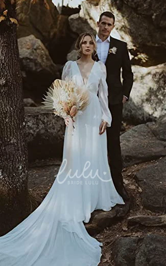 Chiffon A-Line V-Neck Wedding Dress with Open Back for Beach or Garden Wedding Elegant Flowy