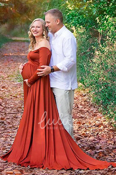 Court Train A-Line Maternity Dress with Long Sleeves and Empire Waist