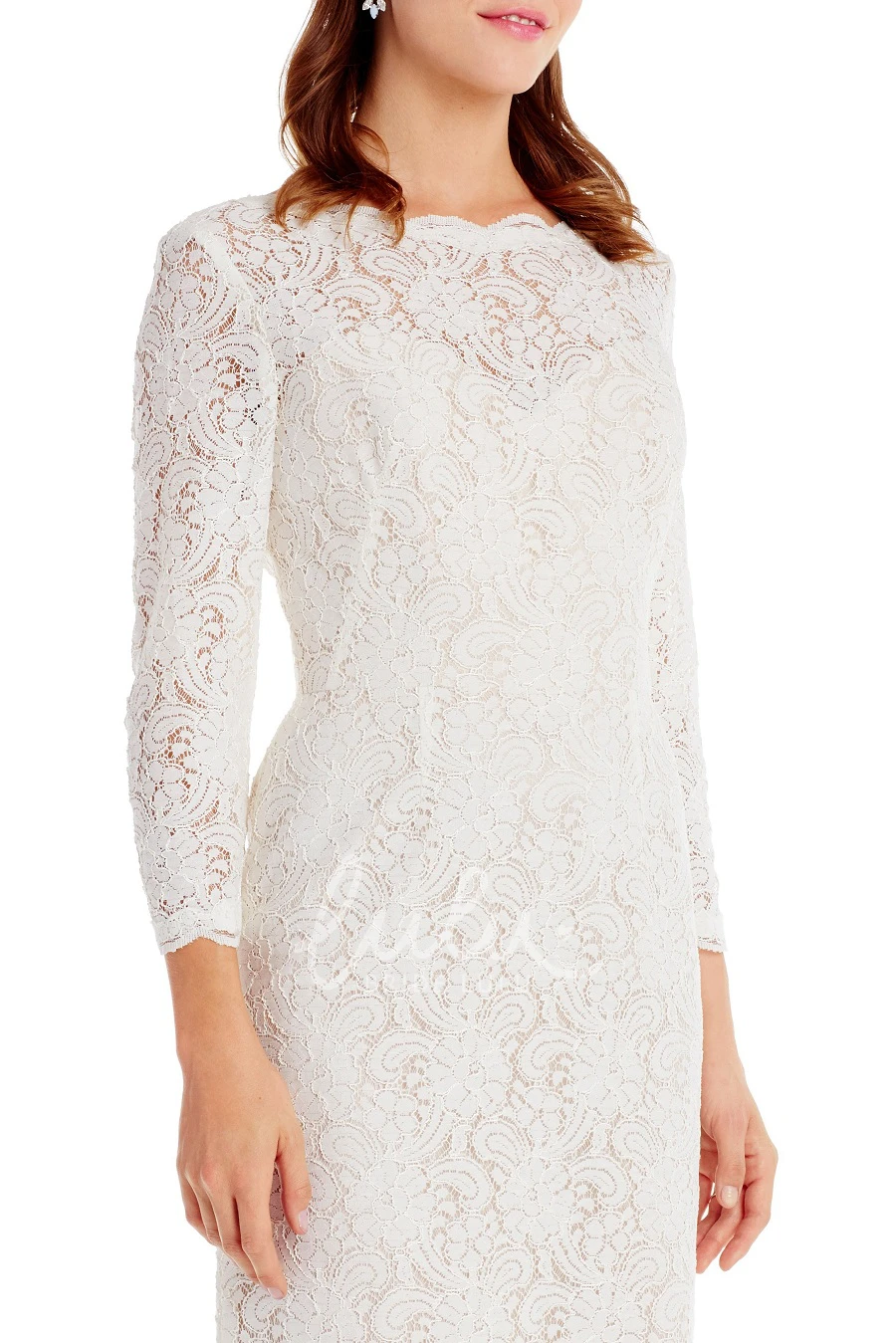 Midi Lace Long-Sleeve Bateau-Neck Elegant Dress