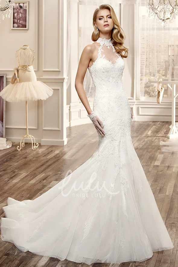 Lace Mermaid Wedding Dress with High Neckline and Keyhole Back Elegant Bridal Gown