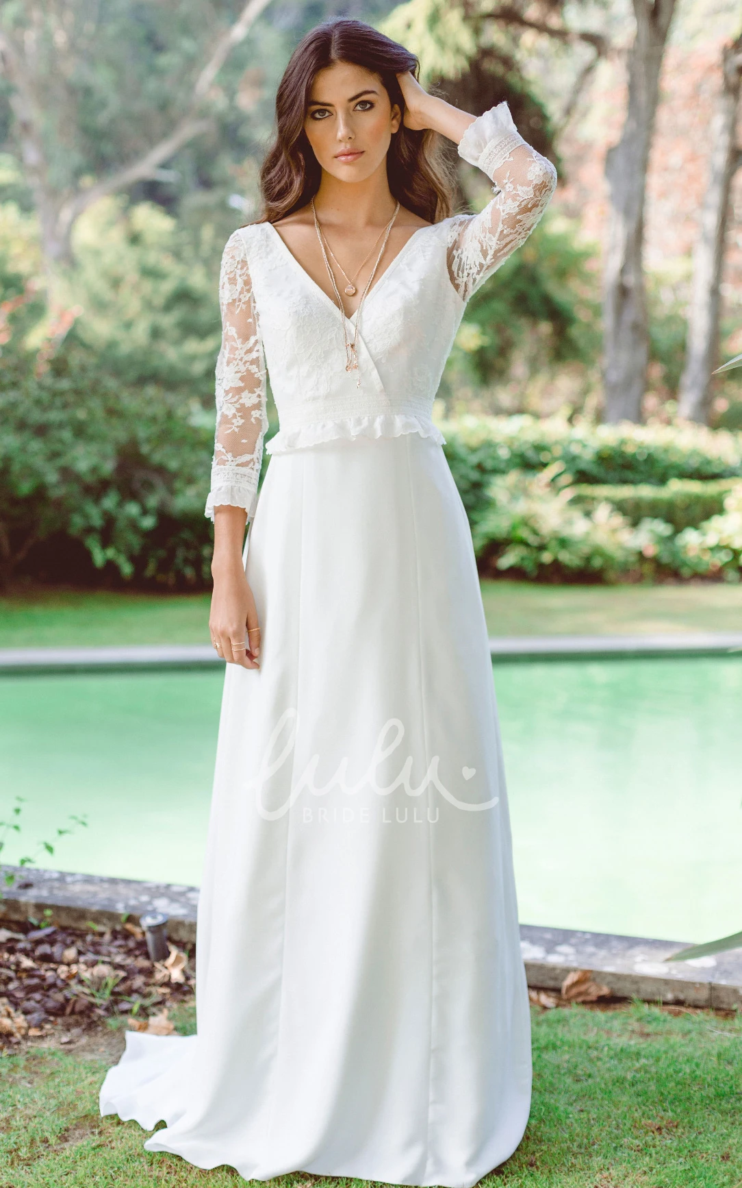 3/4 Length Sleeve Chiffon A Line Wedding Dress with Floor-length and Appliques Bohemian Style