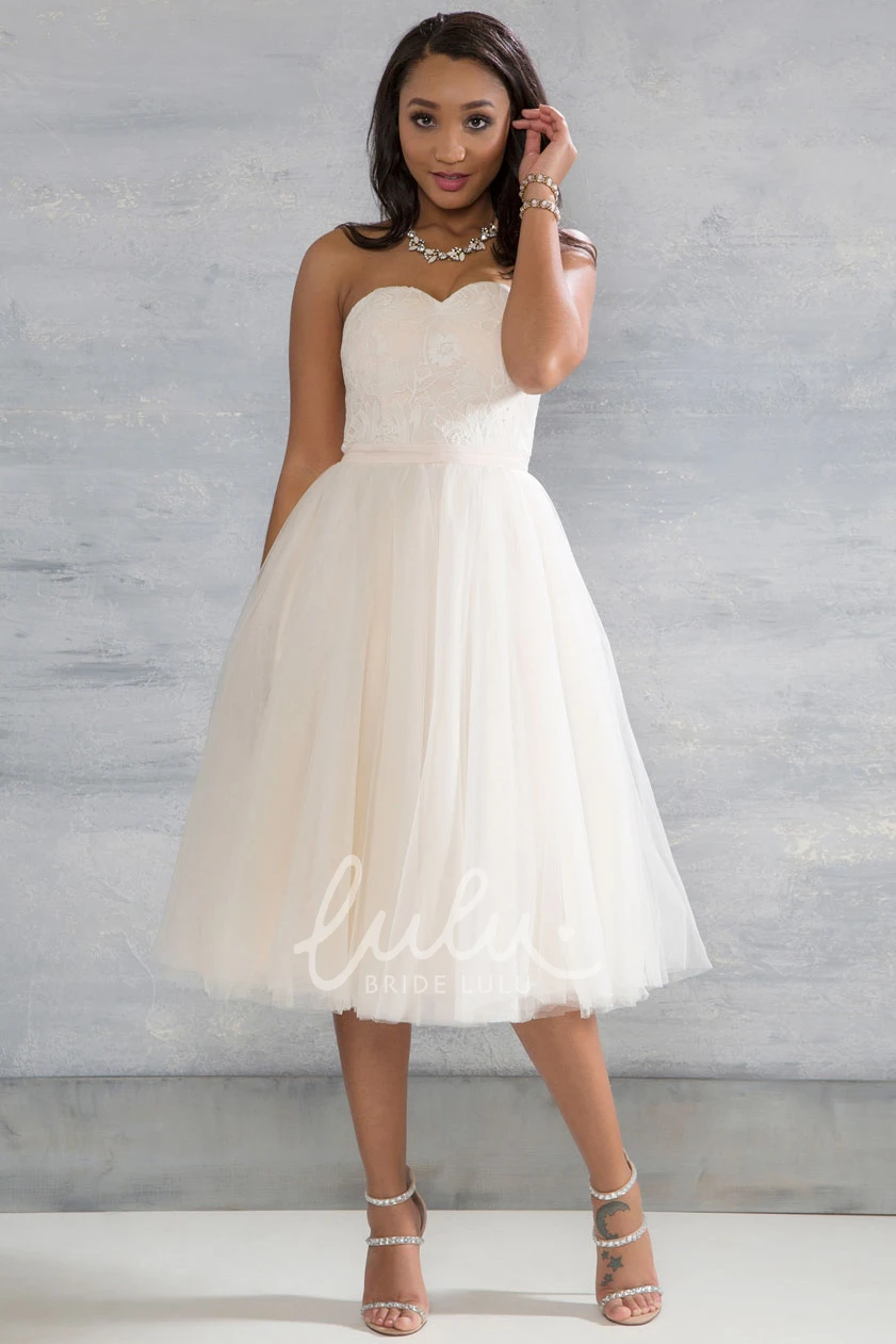 Appliqued Tulle Tea-Length Wedding Dress Sweetheart Sleeveless