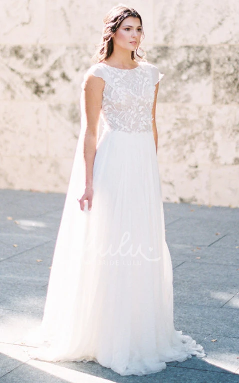 Bohemian Tulle A-Line Wedding Dress with Bateau Neckline and Short Sleeves Beach Wedding Dress