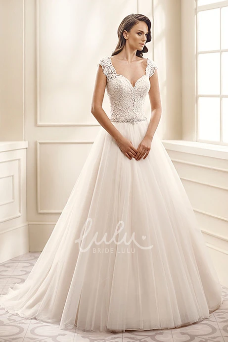 Cap-Sleeve A-Line Lace&Tulle Warm Wedding Dress with Waist Jewelry Unique Bridal Gown
