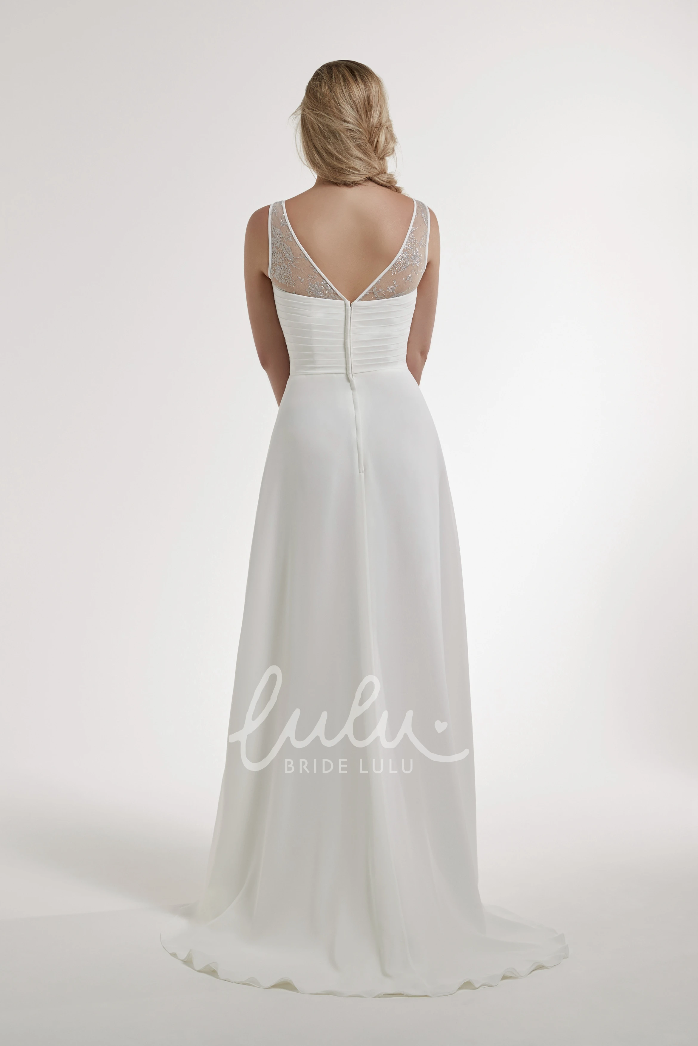 Long Beaded Chiffon A-Line Wedding Dress with Bateau Neckline and Low-V Back Unique Bridal Gown