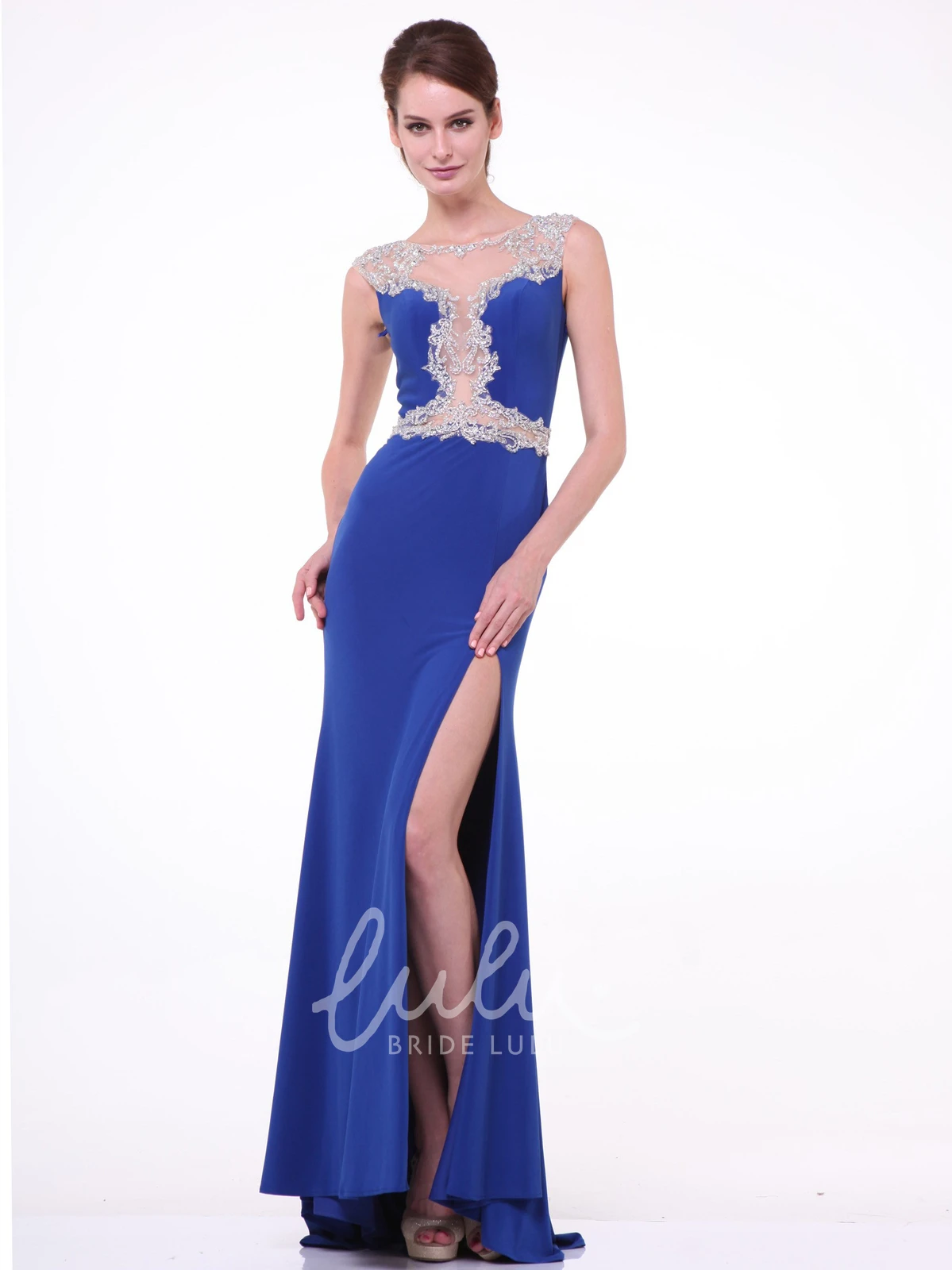 Bateau Cap-Sleeve Jersey Illusion Sheath Bridesmaid Dress with Beading and Split Front