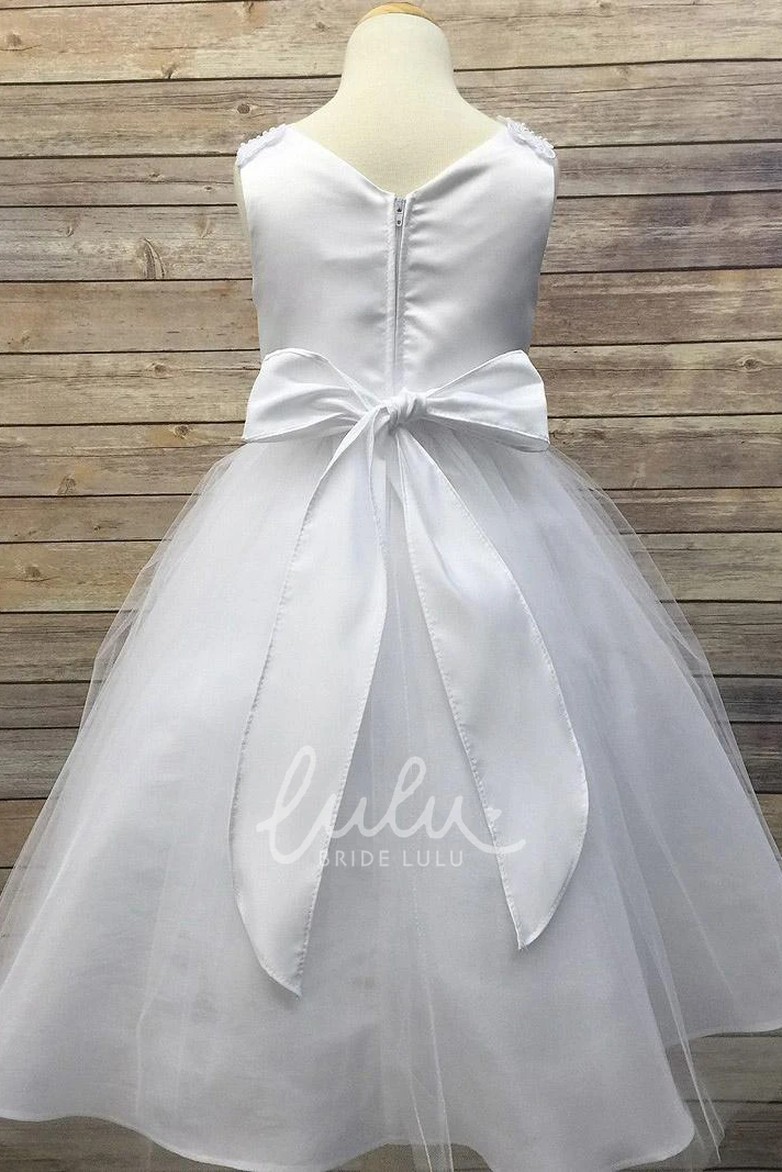 Appliqued Tulle&Sequins Tea-Length Flower Girl Dress with Floral Design