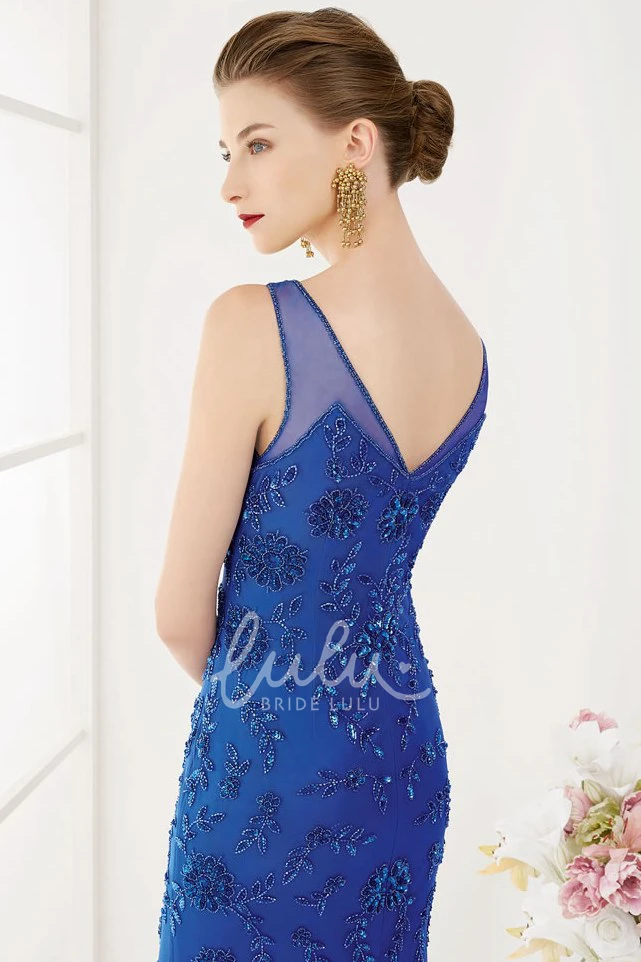 Sheath Long Dress with Crystal Flowers & V-Back Elegant Formal Dress