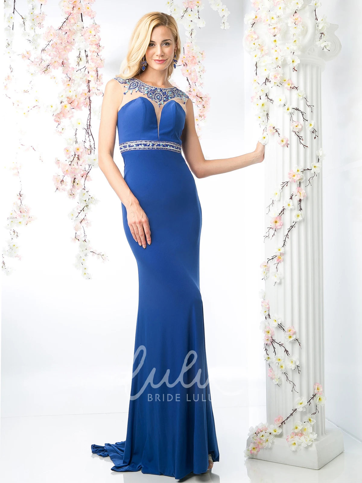 Beaded Sheath Jersey Cap-Sleeve Formal Dress with Keyhole Neckline