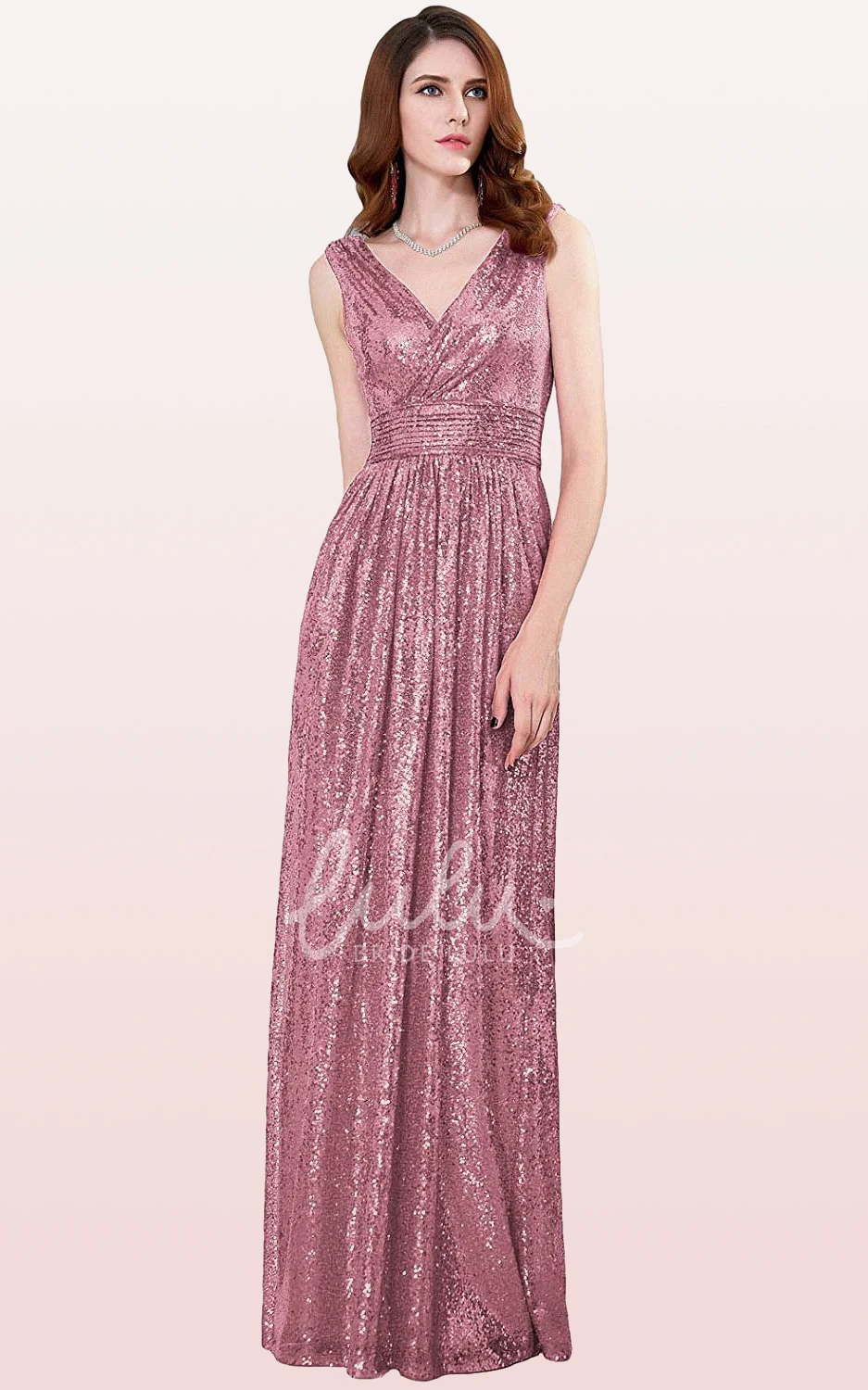 V-Neck A-Line Sequin Bridesmaid Dress with Ruching Floor-Length