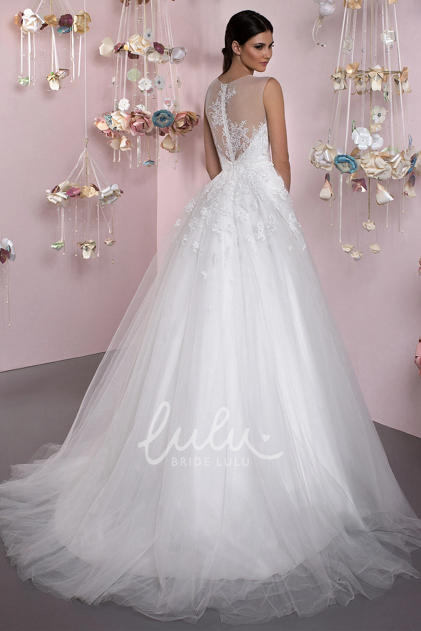Jewel Appliqued Tulle Wedding Dress with Court Train