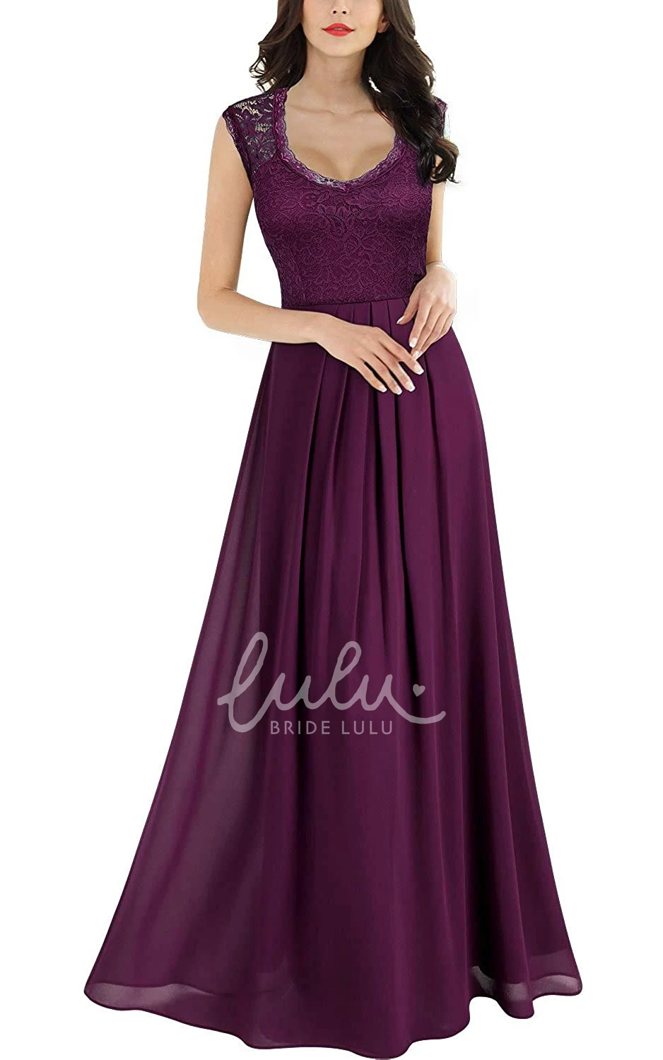 Romantic Sleeveless Lace Chiffon Scalloped A Line Dress with Ruffles Evening Dress