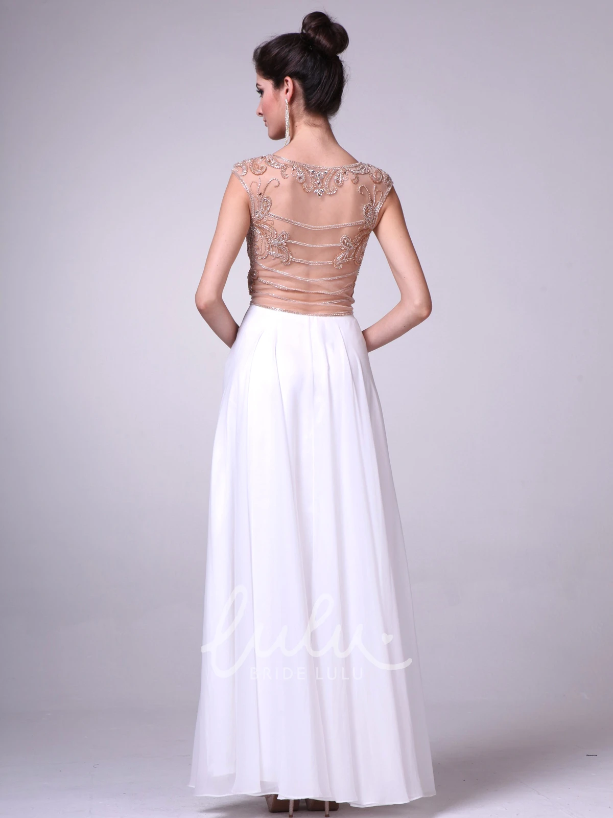 Cap-Sleeve Illusion Bridesmaid Dress with Beading A-Line Scoop-Neck Ankle-Length