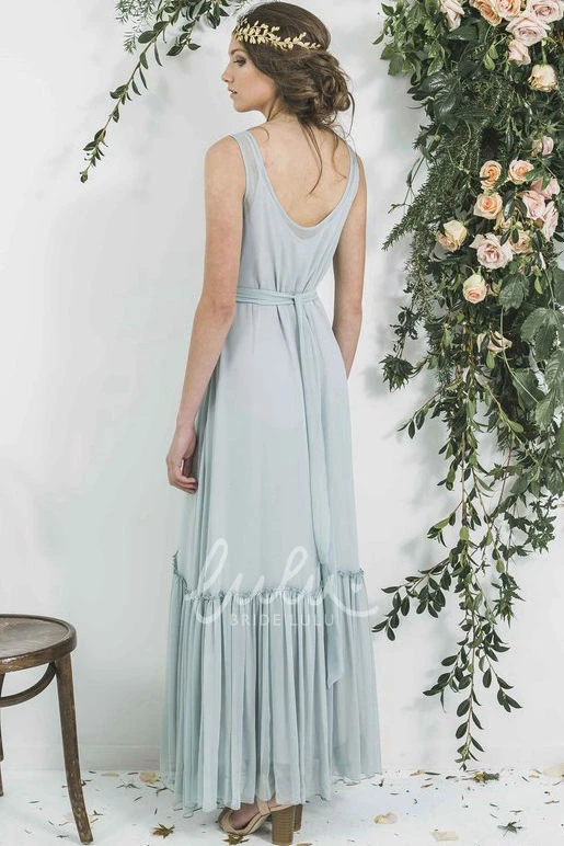 Sleeveless V-Neck Chiffon Bridesmaid Dress with High-Low Hem and Ribbon