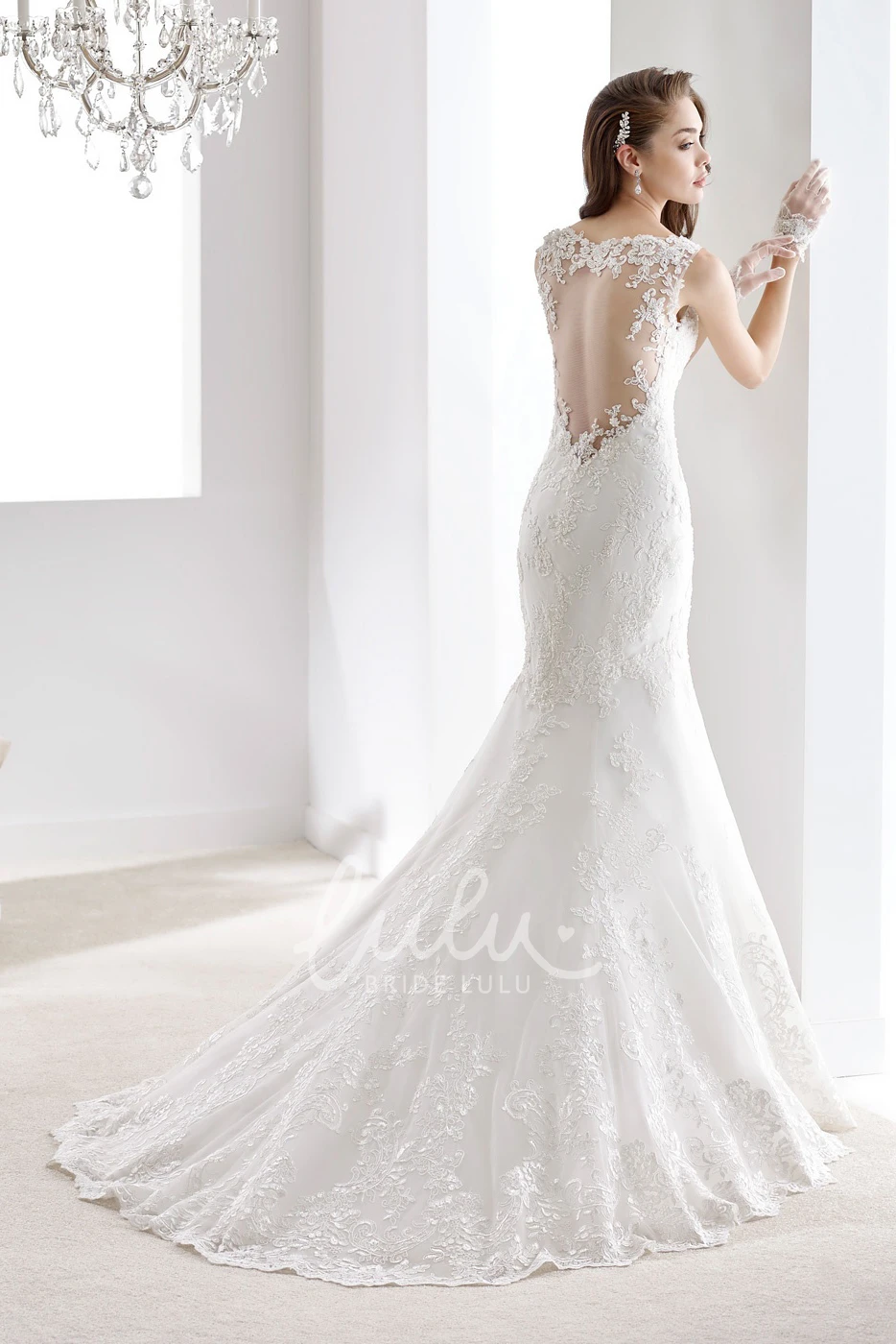 Lace Wedding Dress with Illusive Neckline and Brush Train Sheath Style