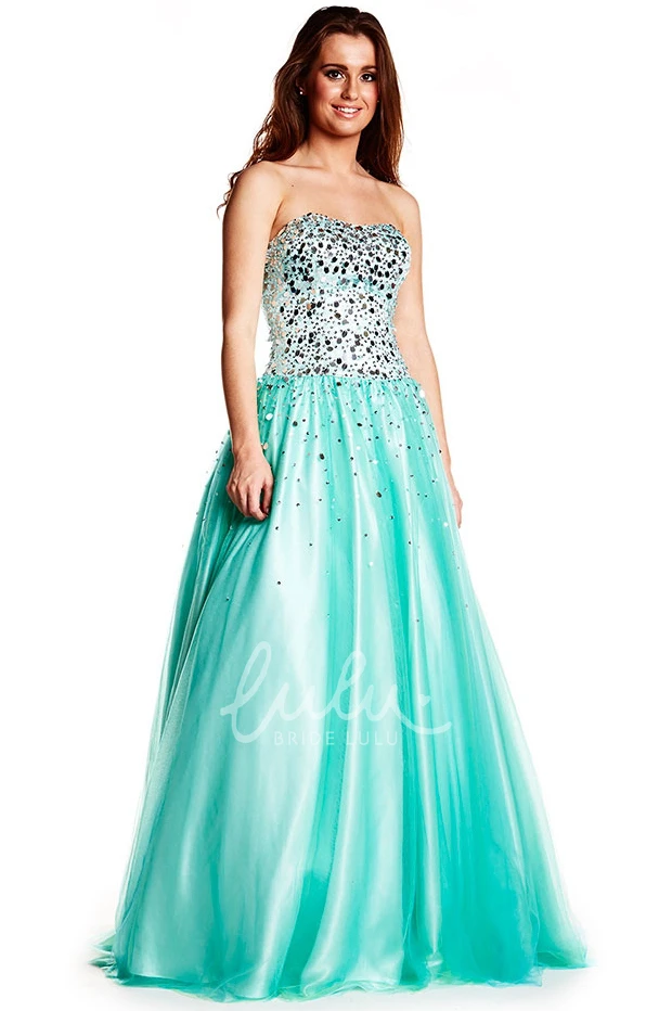 Strapless A-Line Prom Dress with Beaded Bodice and Bow Floor-Length Tulle and Satin Gown