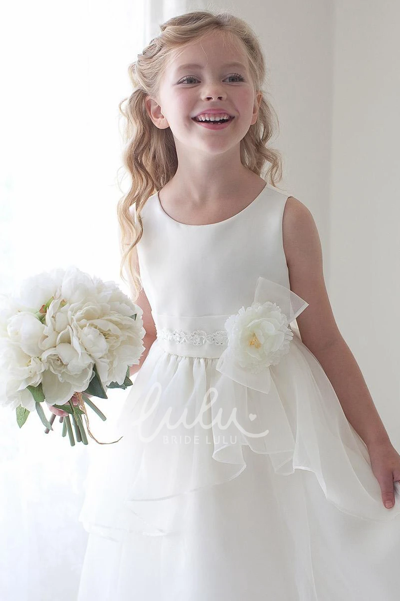 Floral Tea-Length Organza Flower Girl Dress with Bows and Tiers