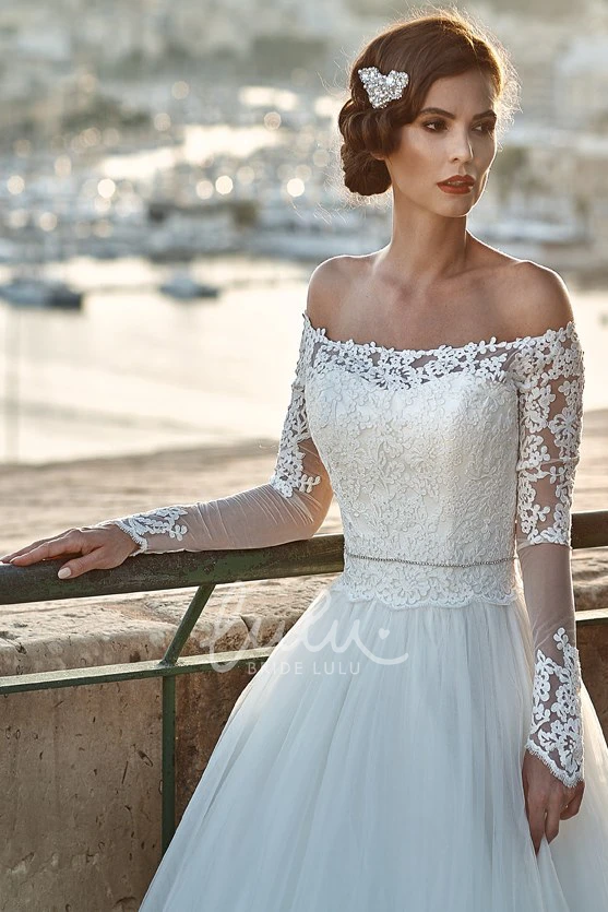 Off-The-Shoulder Tulle and Lace A-Line Wedding Dress Appliqued and Long-Sleeved