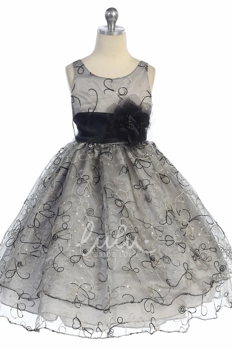 Floral Embroidered Tea-Length Flower Girl Dress with Sequins and Sash Elegant Wedding Dress for Girls