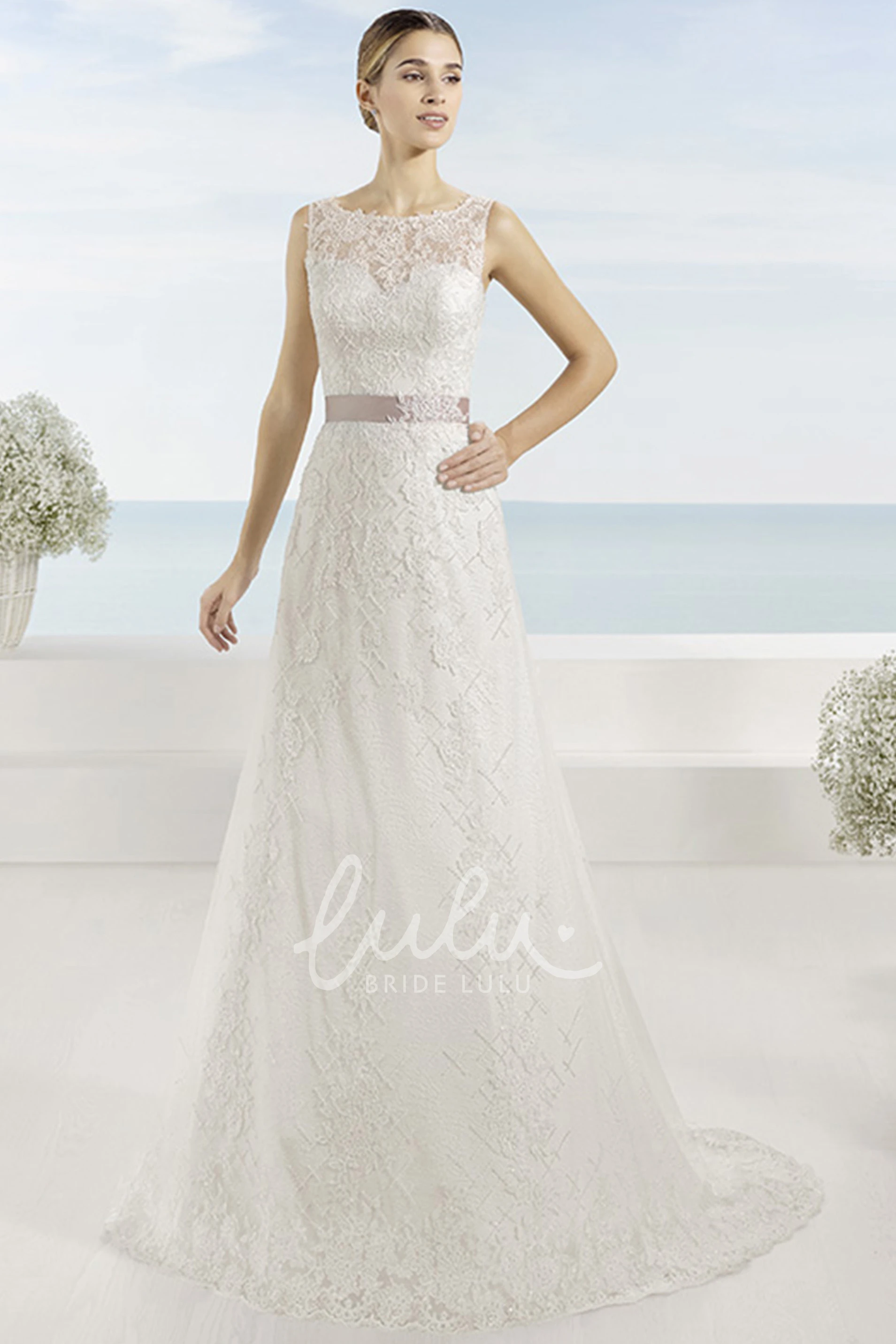 A-Line Lace Sleeveless Wedding Dress with Appliques and Illusion Back
