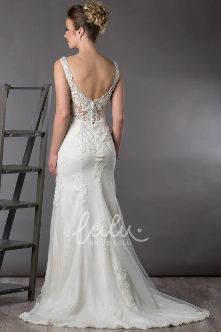 Open Back Sheath Tulle Wedding Dress with Lace and V Neckline Crystal Embellished