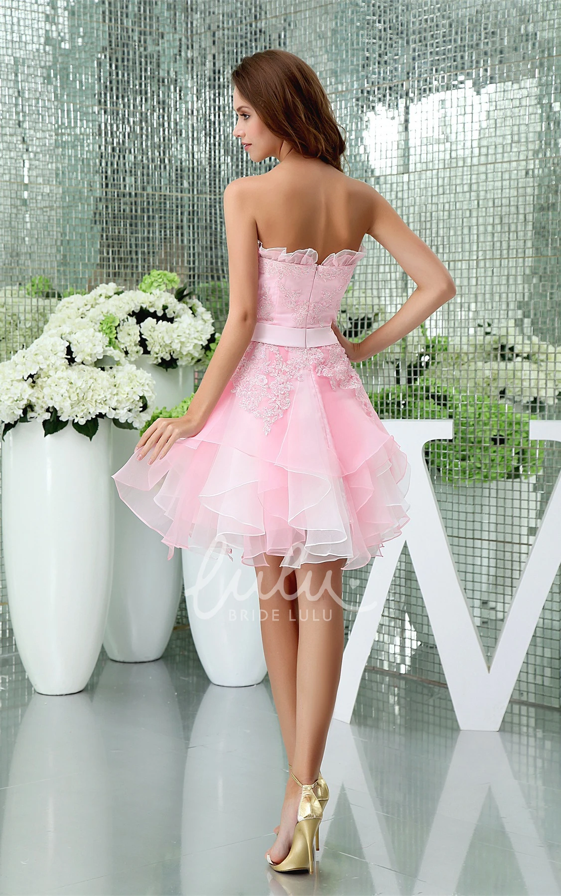 Adorable Floral Short Boho Lace Tulle Strapless A-Line Mini Dress with Appliques and Flower