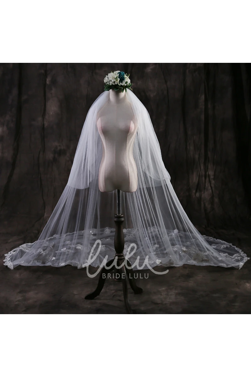 Cathedral Tulle Wedding Veil Ethereal Lace Appliques & Flowers