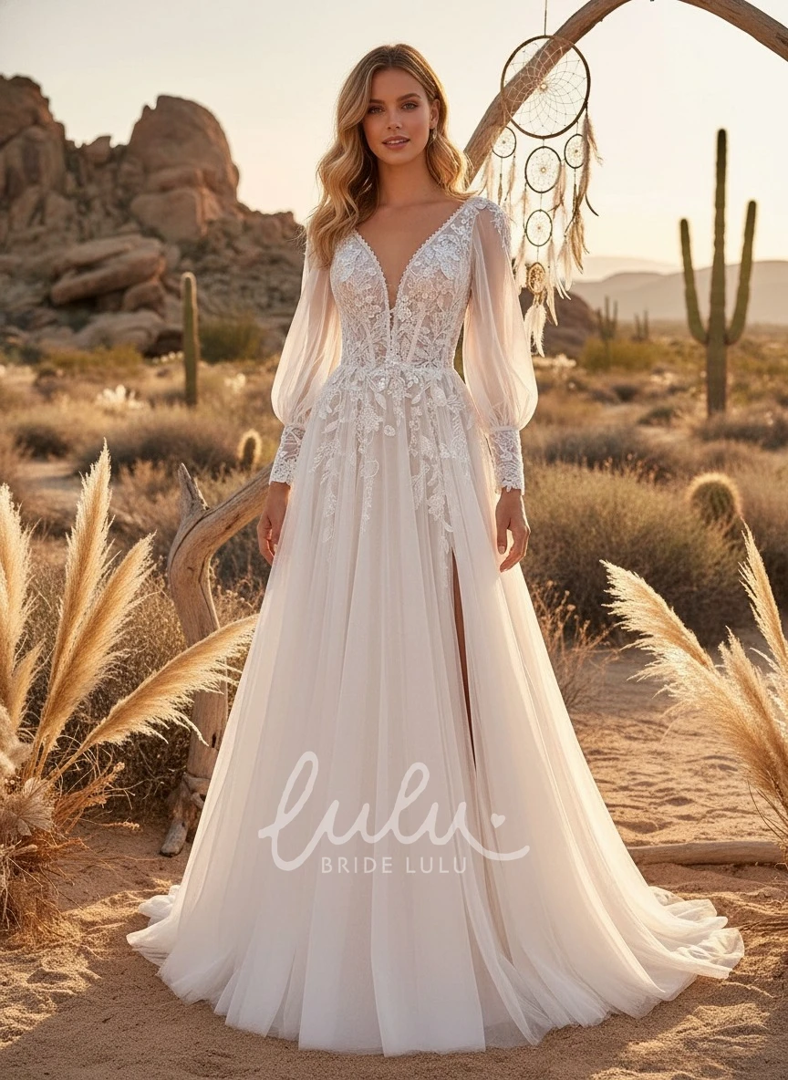 V-Neck Illusion Long Sleeve Romantic Tulle Lace Front Split Country Spring Wedding Dress with Delicate Applique Beach Dress