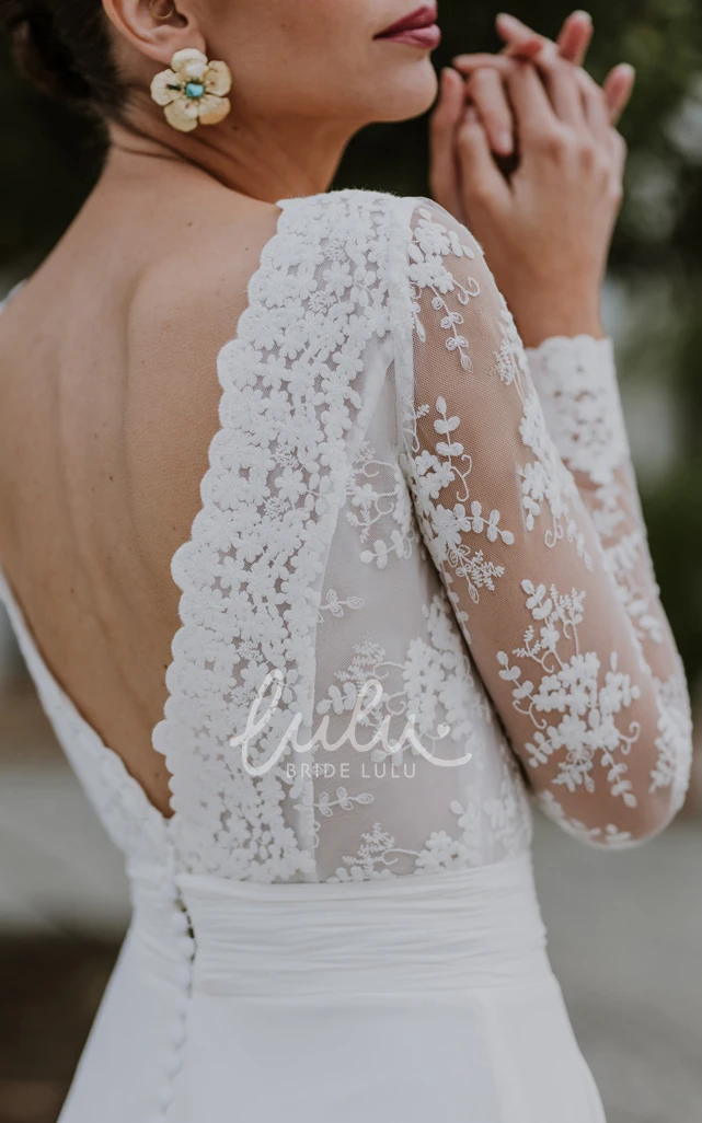 Simple Chiffon Beach Wedding Dress with Illusion Back A-Line V-neck Chapel Train