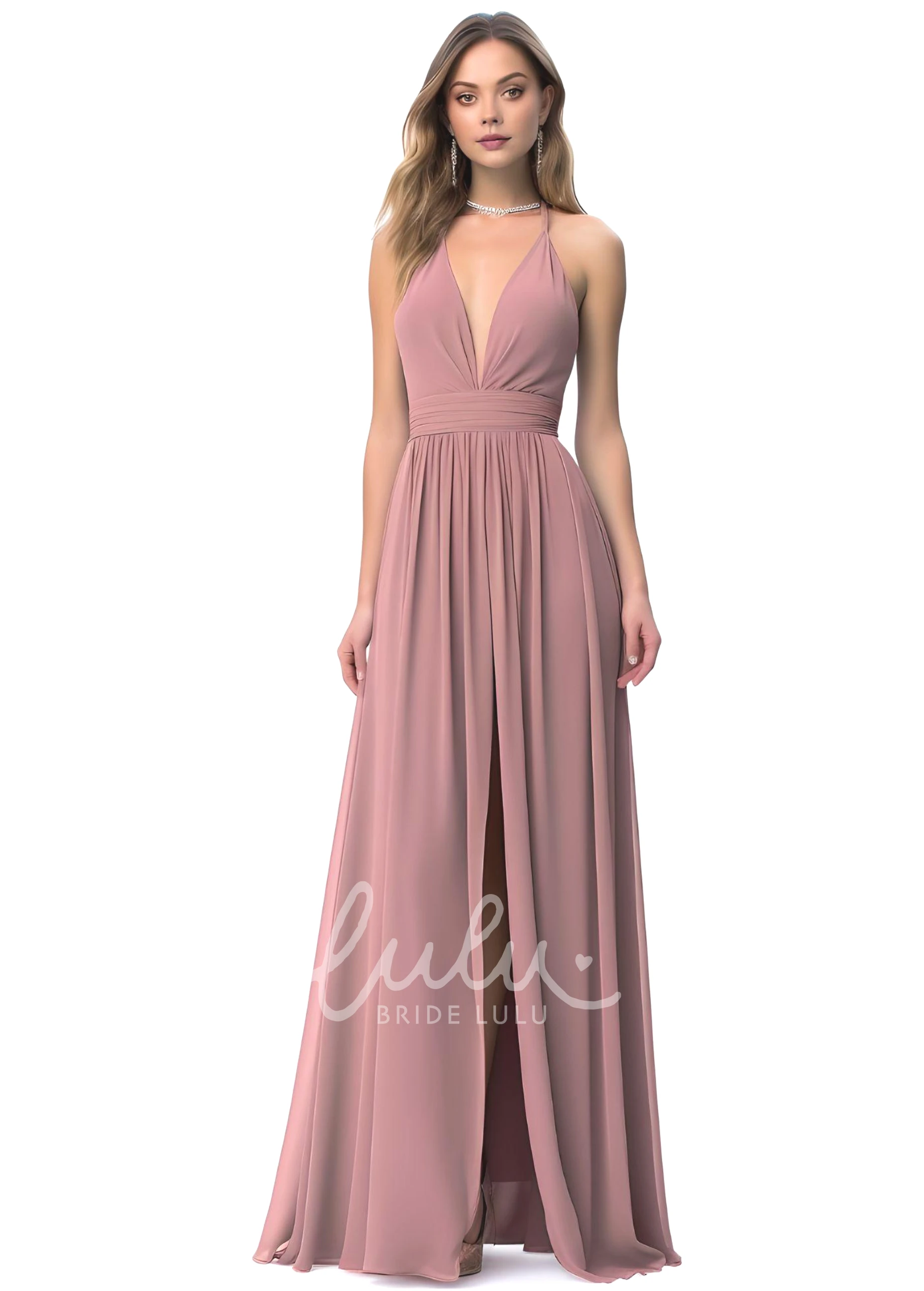 A-Line Plunging Neck Bridesmaid Dress with Split Front Gorgeous & Modern