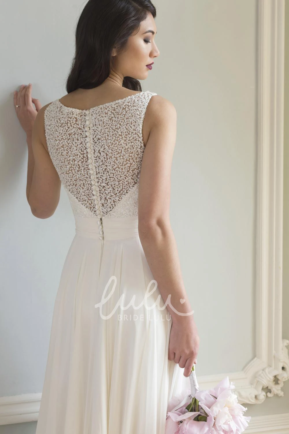 Floor-Length V-Neck Wedding Dress with Beaded Details and Front Split