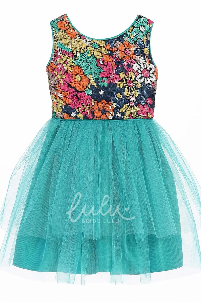 Tulle & Sequins Floral Tea-Length Flower Girl Dress with Sash