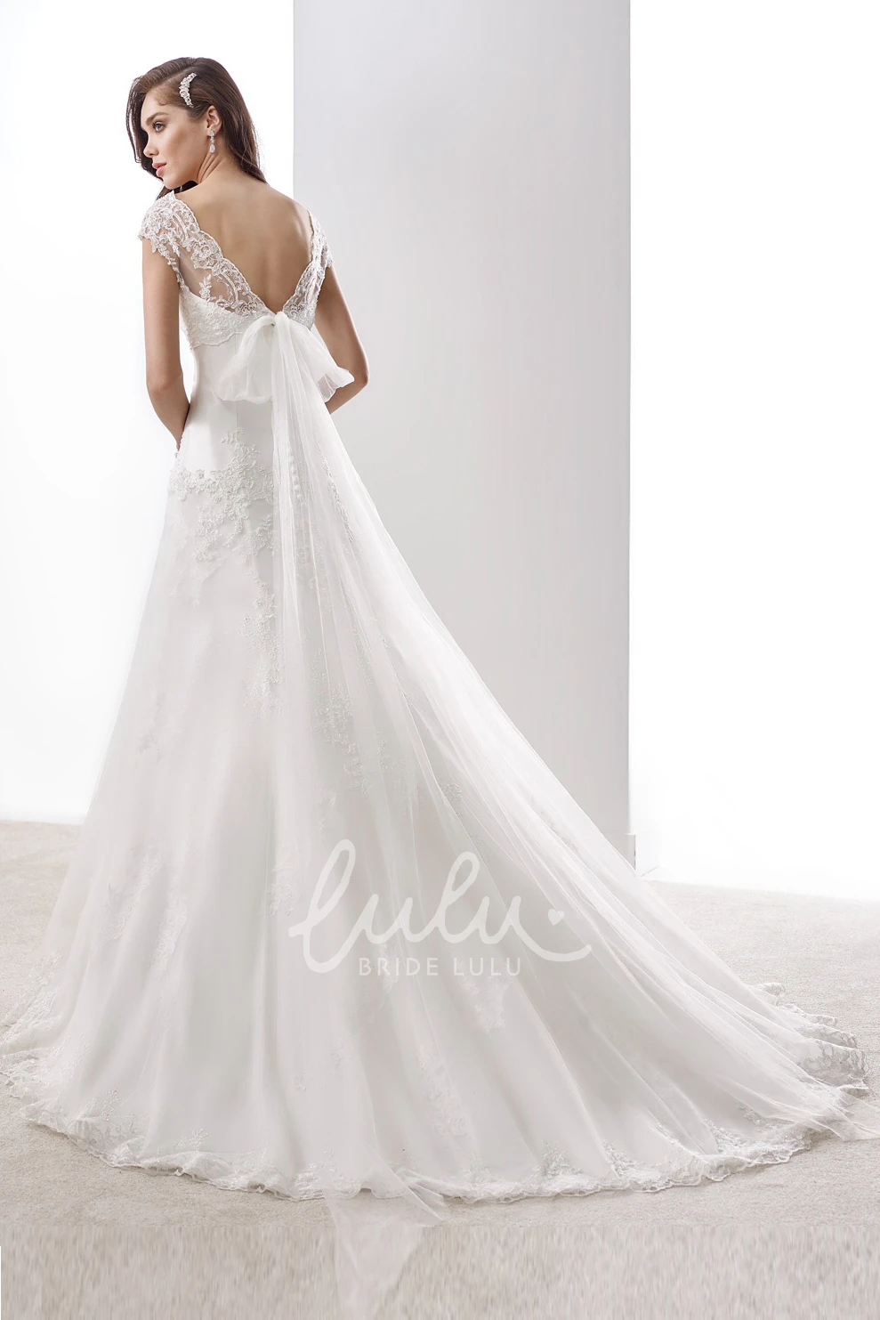 A-Line Satin Wedding Dress with Lace Belt and Back Bow Satin A-Line Wedding Dress with Lace Belt