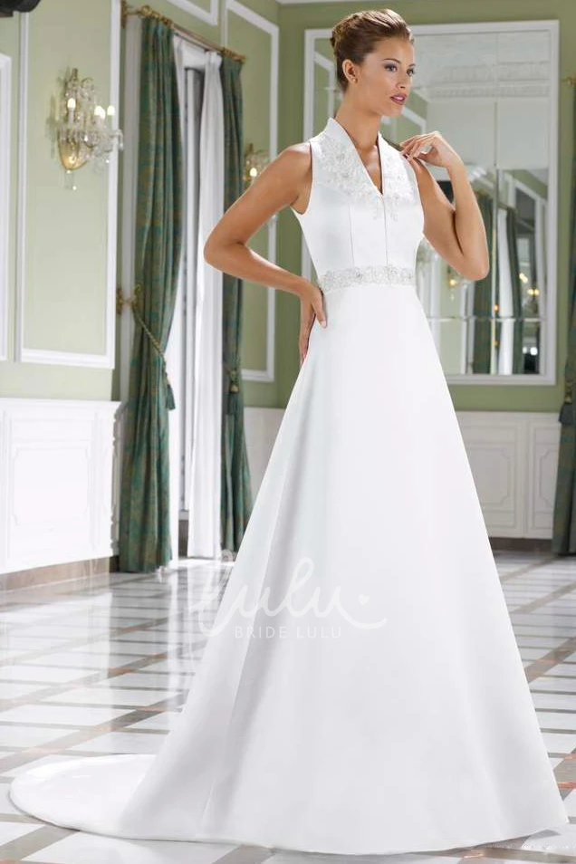 Appliqued A-Line Satin Wedding Dress with V-Neck and Waist Jewellery