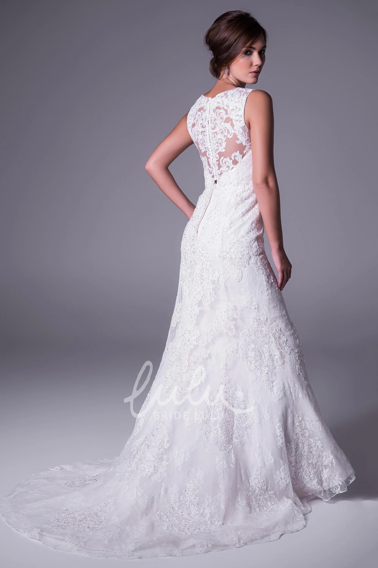 Illusion Long Wedding Dress with Scoop Neck and Appliqued Lace