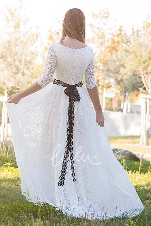 Half Sleeve Lace Ribbon Wedding Dress with Bateau Neckline