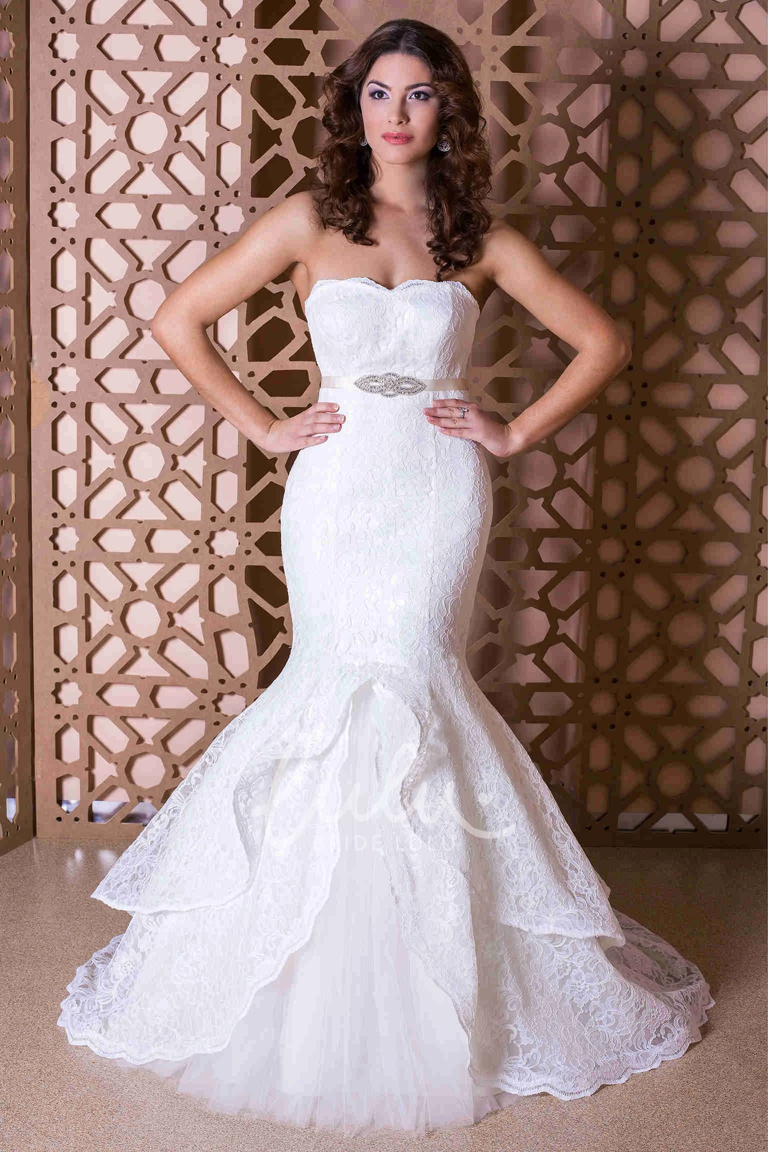 Mermaid Lace&Tulle Strapless Wedding Dress with Waist Jewellery Modern Bridal Gown