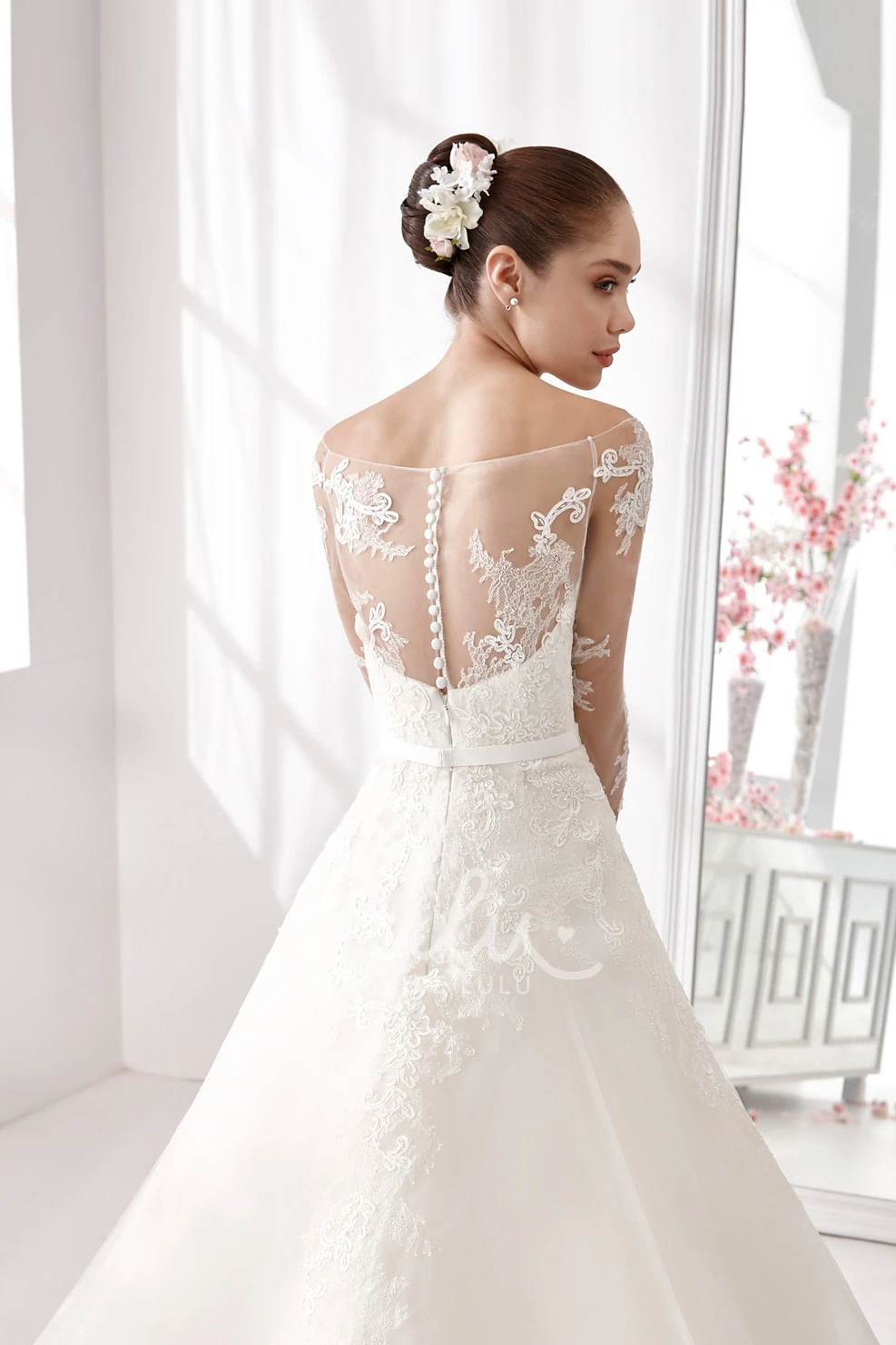 A-Line Wedding Dress with Satin Sash and Lace Bodice 3/4 Sleeves