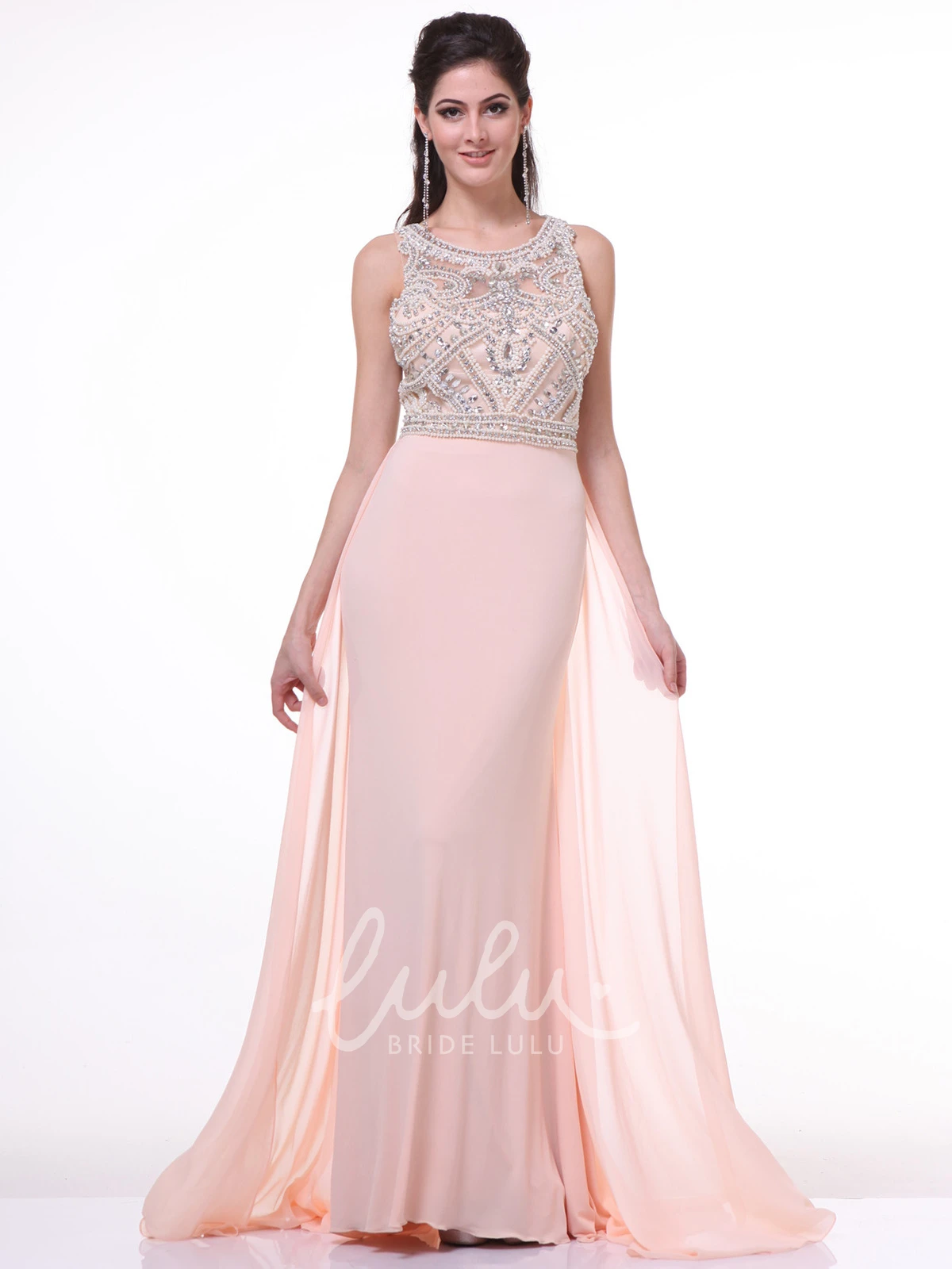 Long Sleeveless Sheath Prom Dress with Jersey Illusion and Crystal Detailing