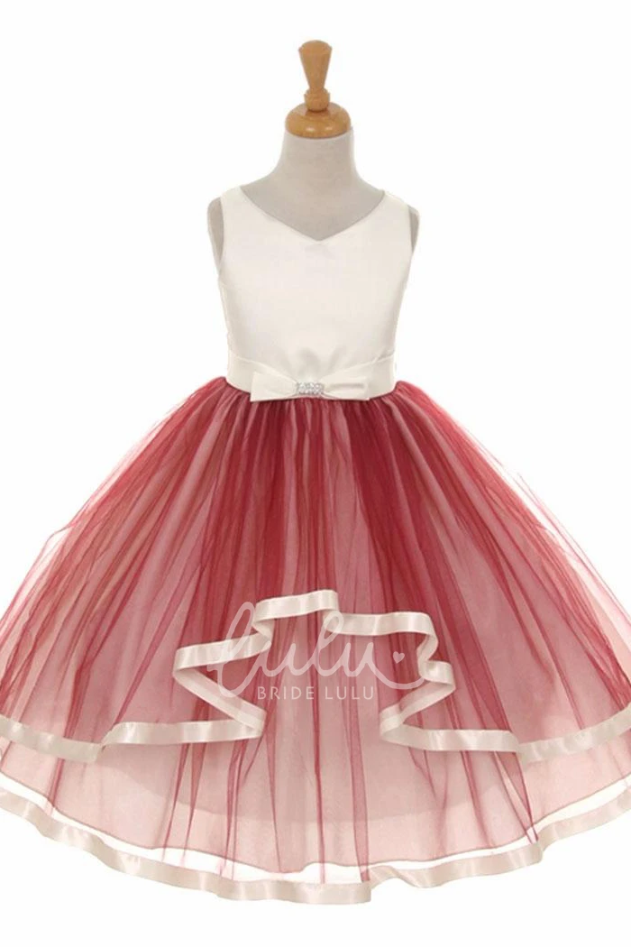 Tiered Tulle & Satin Flower Girl Dress Peplum Bowed Tea-Length