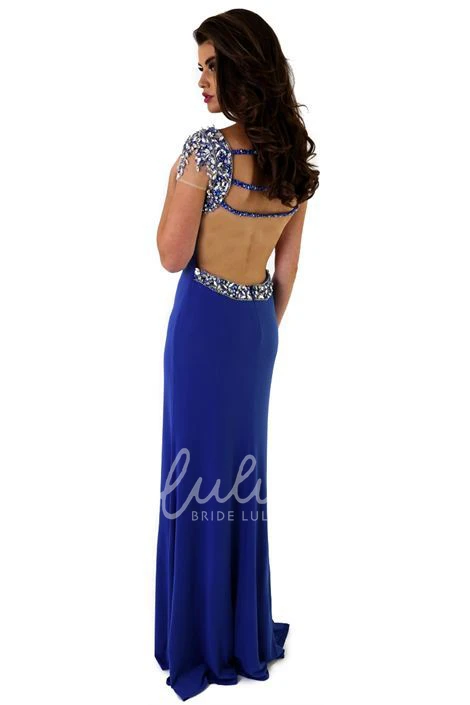 Beaded Jersey Sheath Prom Dress with Split Front and Cap-Sleeve Scoop Unique Prom Dress