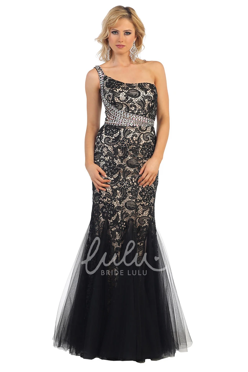 One-Shoulder Sleeveless Tulle Dress with Lace and Beading Mermaid Prom Dress
