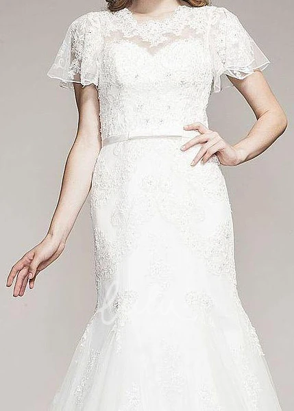 Caped Mermaid Wedding Dress with Short Sleeves and Floor-Length Lace&Tulle