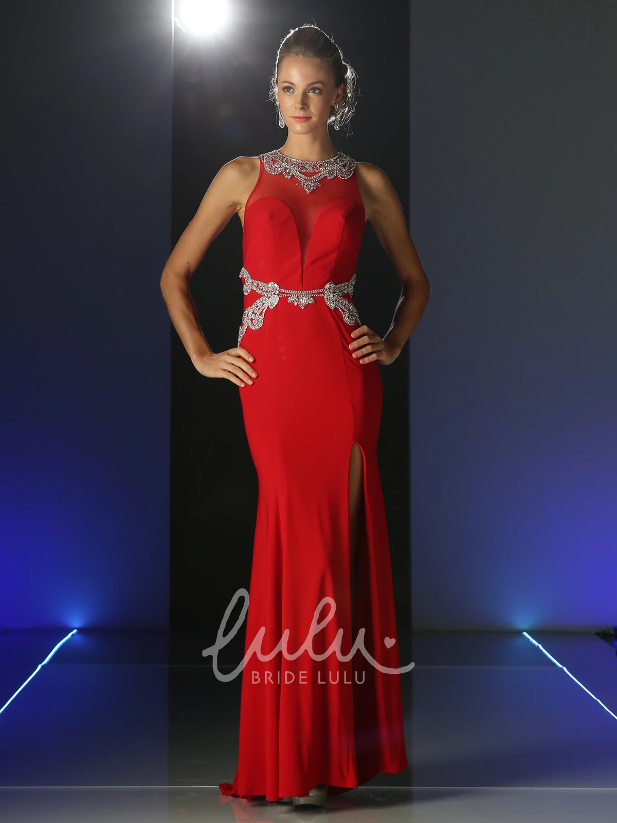 Jewel-Neck Sleeveless Jersey Elegant Dress With Beading and Illusion