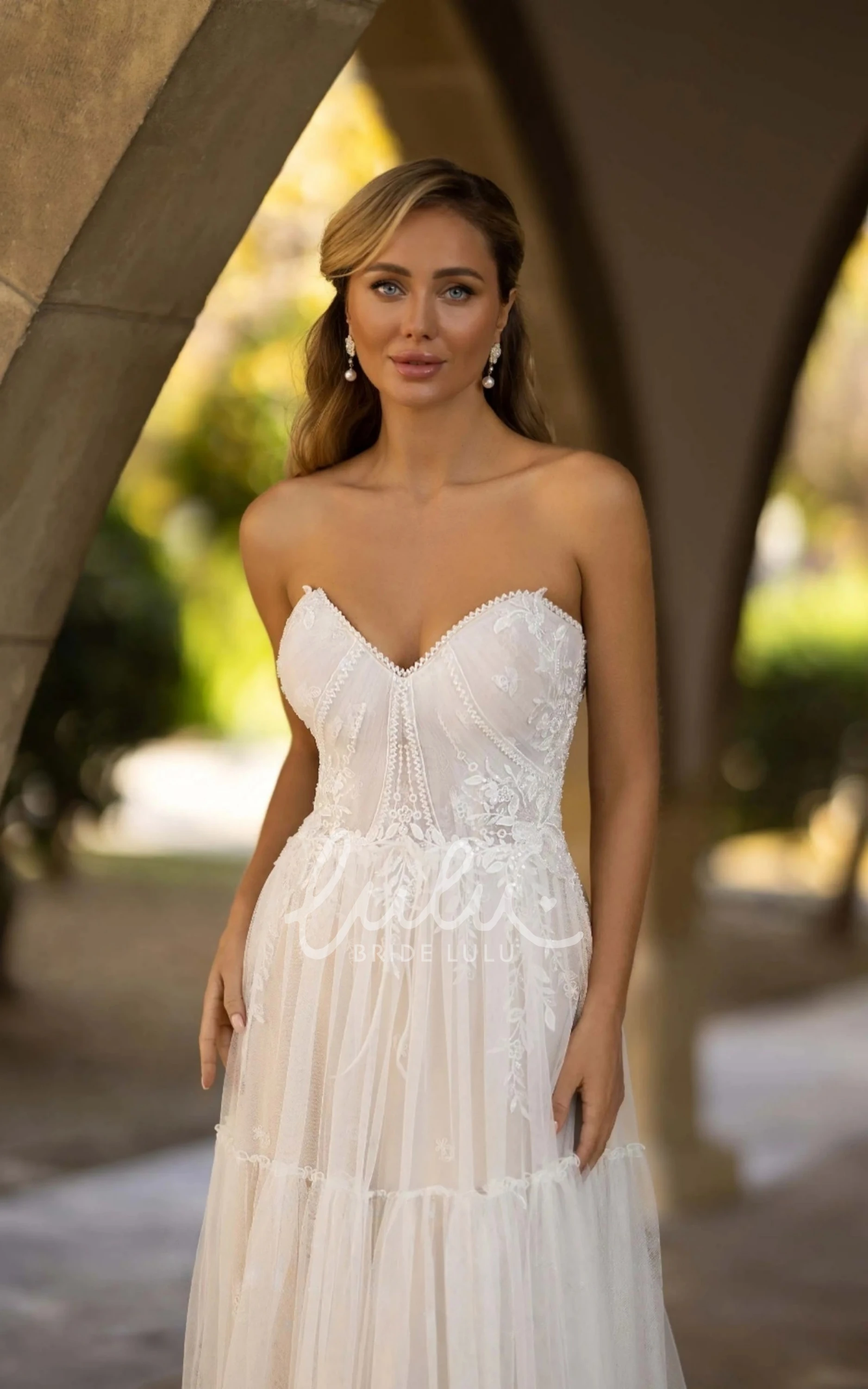 Bohemian Sheath Bridal Dress Strapless Garden with Button Back Brush Train