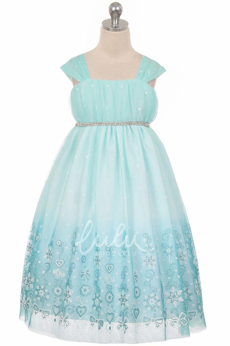 Floral Beaded Pleated Tulle&Satin Flower Girl Dress With Tiers Tea-Length Bridesmaid Dress