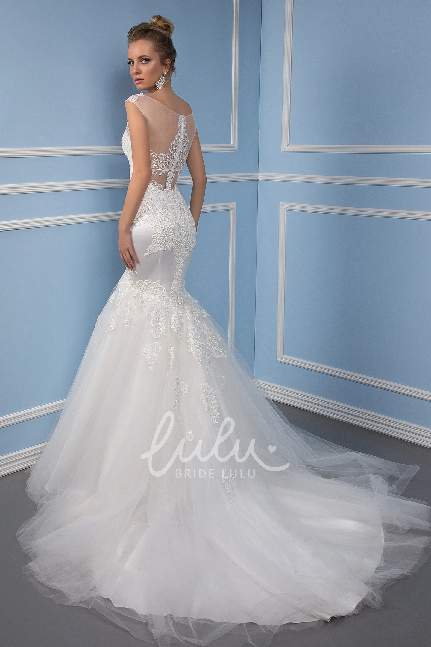 Trumpet Illusion Back Tulle Wedding Dress with Appliques and Court Train Unique Bridal Gown