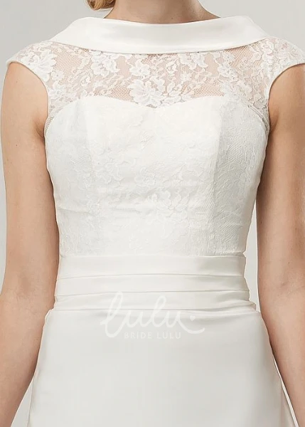 Cap-Sleeve Satin and Lace A-Line Wedding Dress with High Neck and Appliques
