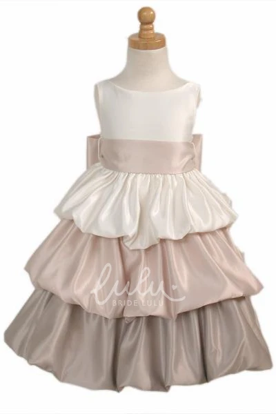 Tiered Satin Tea-Length Flower Girl Dress Sleeveless